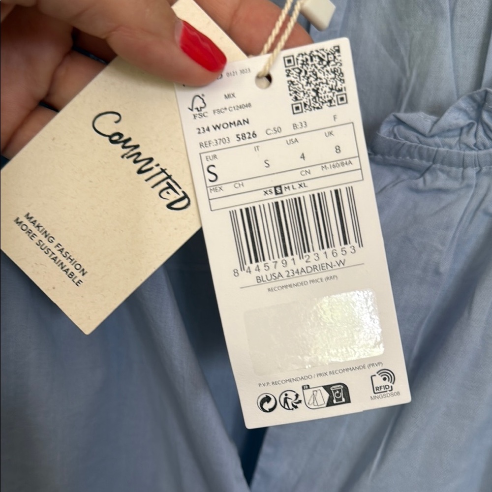 Mango Blue Relaxed 3/4 Sleeve Blouse - Picture 3 of 6